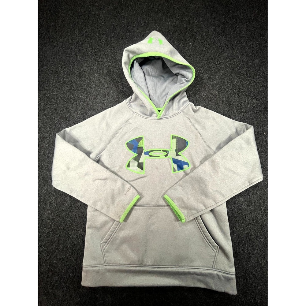 Under Armour ColdGear Hoodie Youth Medium Gray Green Logo Raglan Sleeve Pullover